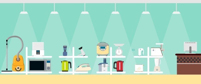 An illustration of various cooking and cleaning tools on shelves at a store.