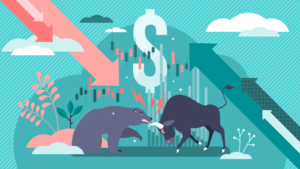 A bear and a bull butting heads beneath a money sign; a bear market vs a bull market