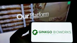 Particular person holding mobile phone with model of American biotechnology company Ginkgo Bioworks Inc. on video show in front of online page. Focal point on phone prove. Unmodified picture. DNA inventory