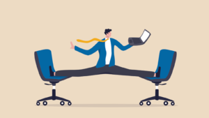 An illustration of a man in business attire doing a split between two rolling chairs
