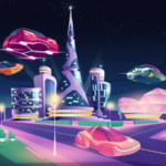 An image of a futuristic night city with flying cars and futuristic neon glowing glass buildings of unusual shapes, green plants; alien urban architecture skyscrapers, cartoon vector illustration. flying car stocks with partnerships
