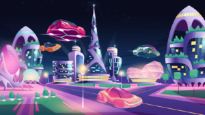 An image of a futuristic night city with flying cars and futuristic neon glowing glass buildings of unusual shapes, green plants; alien urban architecture skyscrapers, cartoon vector illustration. flying car stocks with partnerships