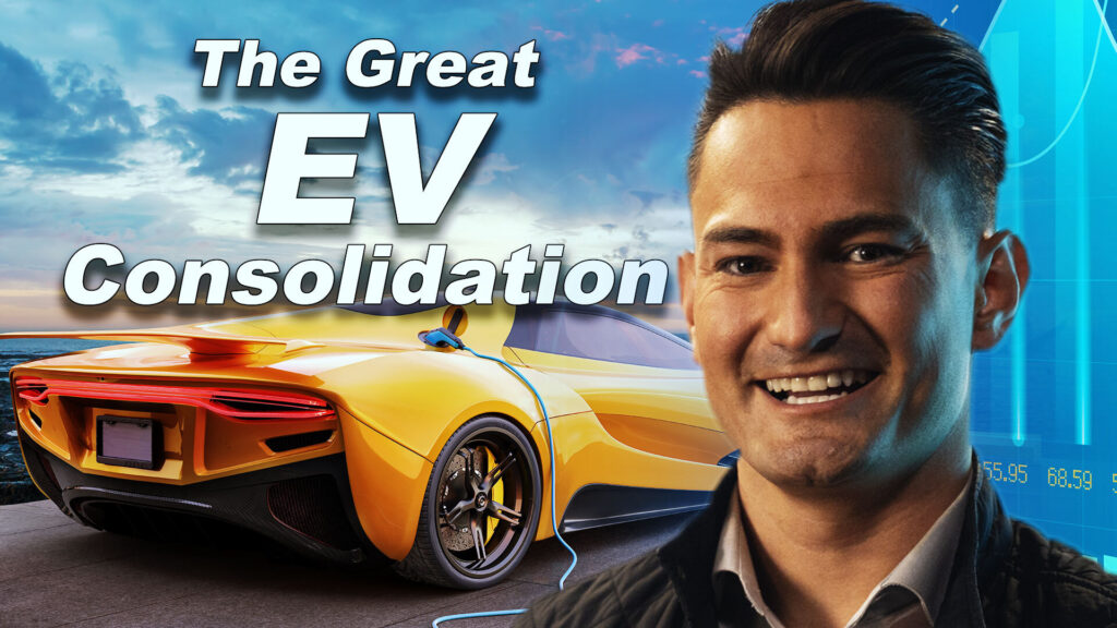 An image of Luke smiling in front of a yellow car, the words 'the great EV consolidation' to the left
