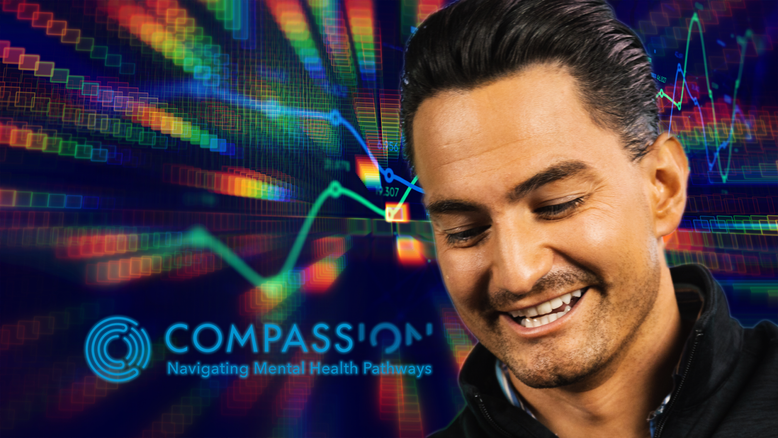 An image of Luke smiling and looking down, the logo for COMPASS Pathways to the left; psychedelics