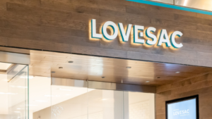 Lovesac store sign at Florida Mall in Orlando, Florida, USA. Lovesac is an American furniture retailer, specializing in a patented modular furniture system. LOVE stock.