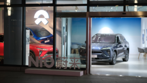 Shanghai.China-Feb.2021: Aussen- vun NIO Buttek.  Eng chinesesch elektresch Autosmark
