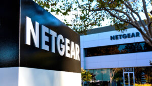 NTGR stock: Netgear logo on a sign at its Silicon Valley HQ.