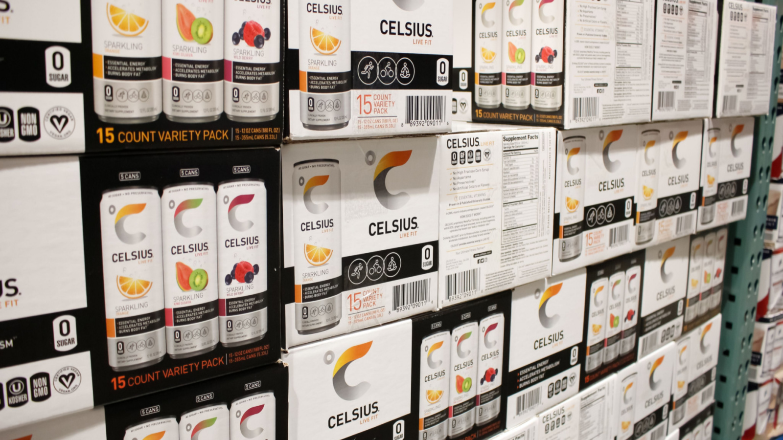 CELH stock: A view of several cases of Celsius energy drinks, on display at a local big box grocery store.