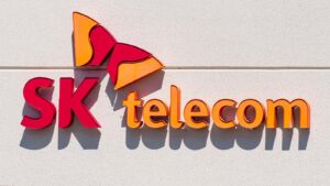 The logo for SK Telecoms displayed on an office building.