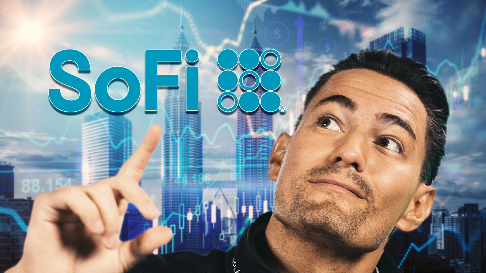 An image of Luke looking up, pointing to the SoFi logo; SoFi stock
