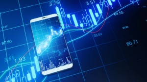 Close up of phone with creative forex chart on blue background.  Business, finance, technology and communication concept.  3D rendering.  Tech stocks to buy before the bull market returns