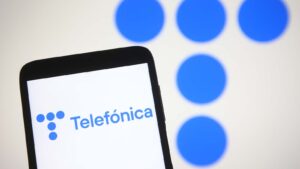 The logo for Telefonica SA displayed on a smartphone screen.