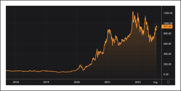 A chart showing Tesla (TSLA) stock price data