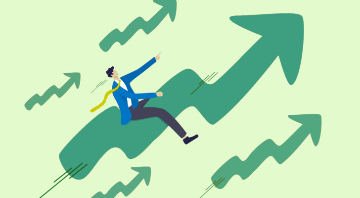 An image of a man riding on an upward arrow, flying higher; representing a stock market boom