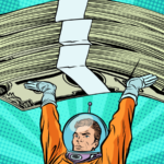 A pop-art image of an astronaut holding up a stack of money