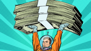 A pop art depiction of an astronaut holding up a stack of money
