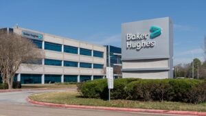 The Baker Hughes (BKR) sign and office building in Houston, Texas.