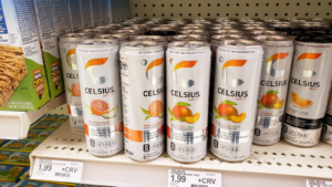 A view of several cans of Celsius (CELH) energy drinks, on display at a local grocery store.