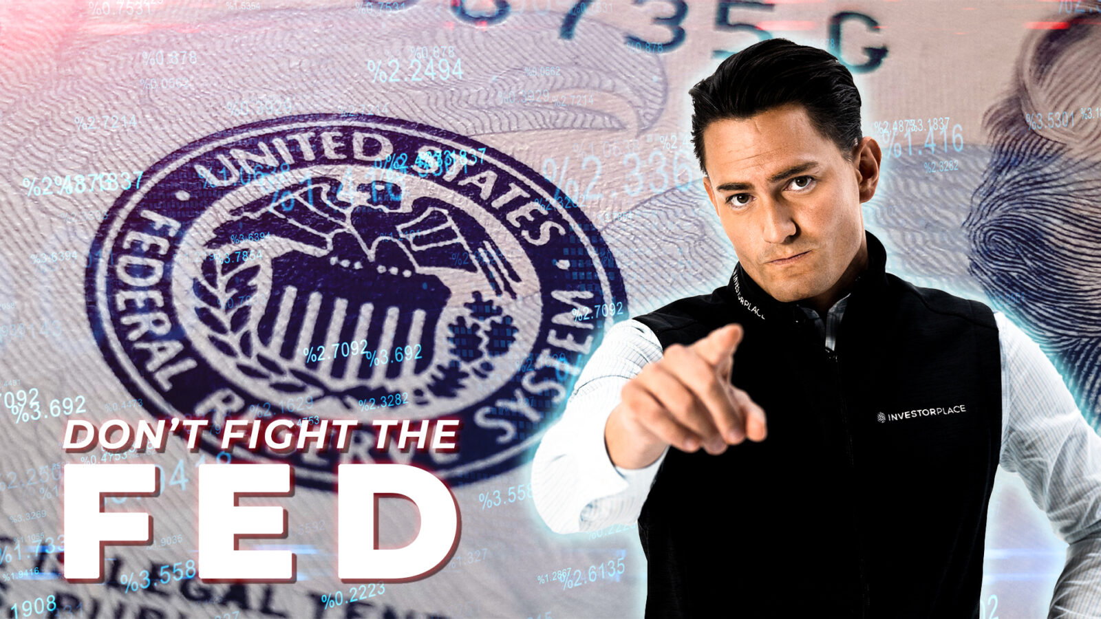 An image of Luke pointing to the camera, with the Federal Reserve seal behind him, the text 'don't fight the Fed,' on top