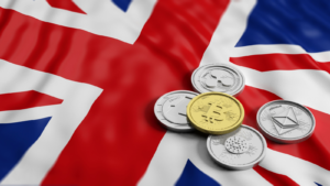 Graphic of various cryptos like Bitcoin and Ethereum resting on a United Kingdom Union Jack flag