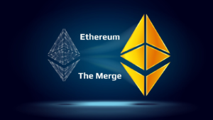 Ethereum wireframe symbol flows into golden ETH symbol on dark blue background. Ethereum ETH will merge with Beacon Chain proof of stake system PoS. Vector illustration. Cryptos