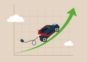 An image of a plug-in car driving upward on a green arrow to show a rise in EV stocks