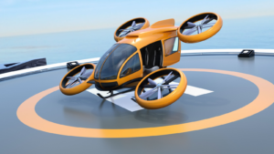 An image of an orange eVTOL sitting on a helipad, the ocean in the background. best flying car stocks