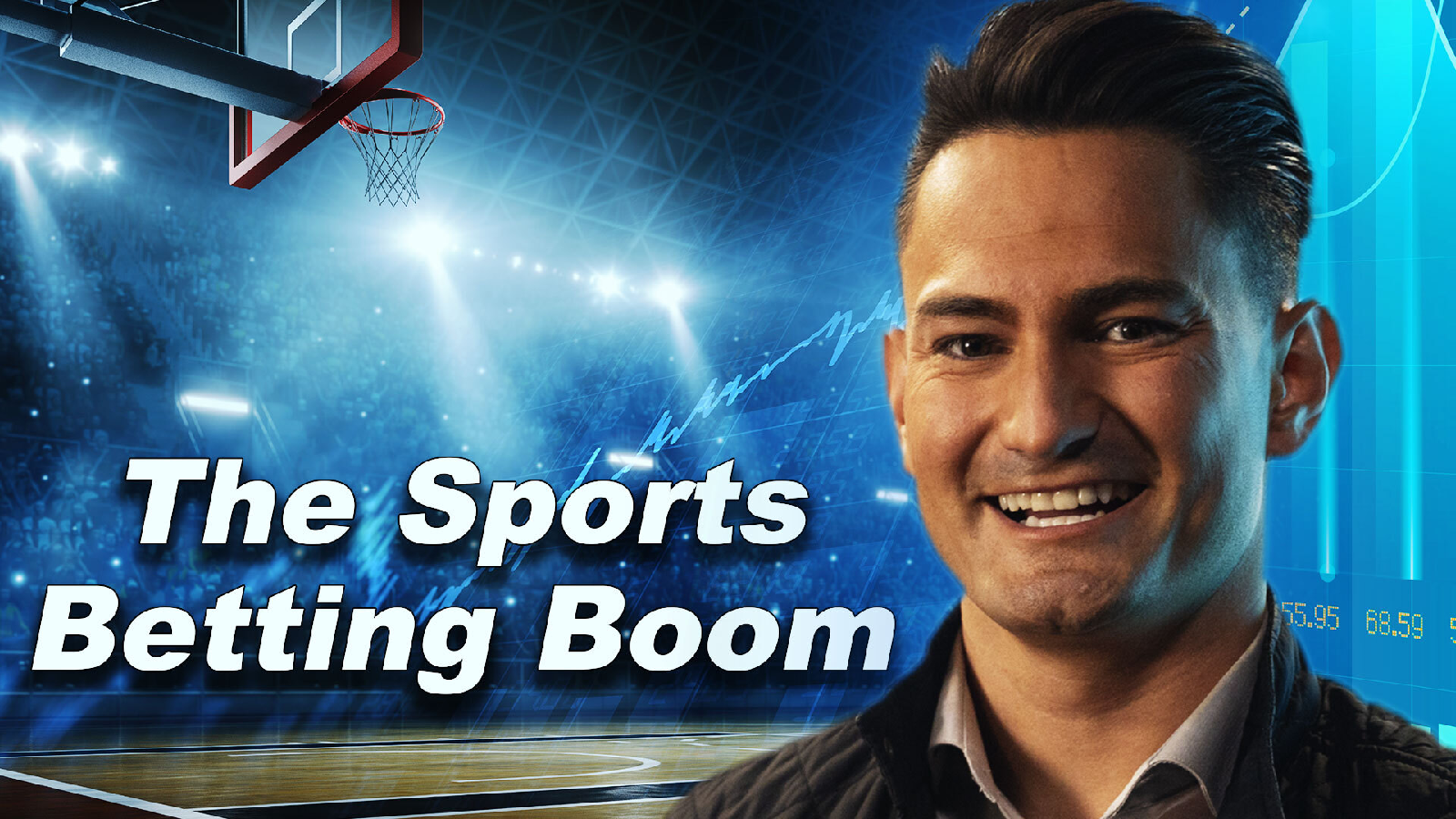An image of Luke smiling at the camera with the text, the sports betting boom, on the left