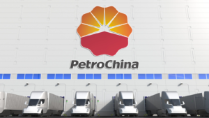 Electric semi-trailer trucks at warehouse loading bay with PETROCHINA (PTRCY) logo on the wall. Editorial 3D rendering