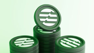 Concept image for the Aptos (APT) crypto showing green APT coins stacked