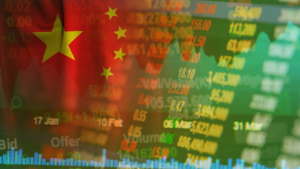 Concept of china stock market ticker, Chinese stocks up