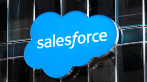 lose up of Salesforce (CRM) logo displayed on one of their towers in downtown San Francisco