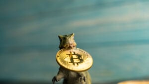 Dinosaur figurine holding a Bitcoin (BTC) concept coin between its teeth