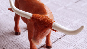 Toy bull figurine standing on a financial paper