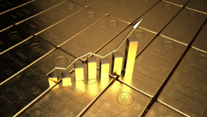 An image of a rising gold bullion bar chart representing gold stocks
