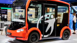 Transdev Mobileye (MBLY) autonomous driving shuttle presented at the IAA Mobility 2021 motor show in Munich, Germany