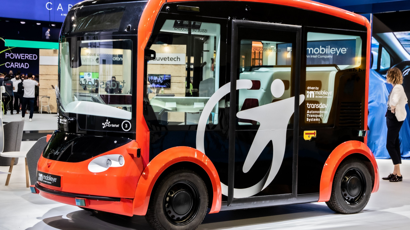 Transdev Mobileye (MBLY) autonomous driving shuttle bus showcased at the IAA Mobility 2021 motor show in Munich, Germany