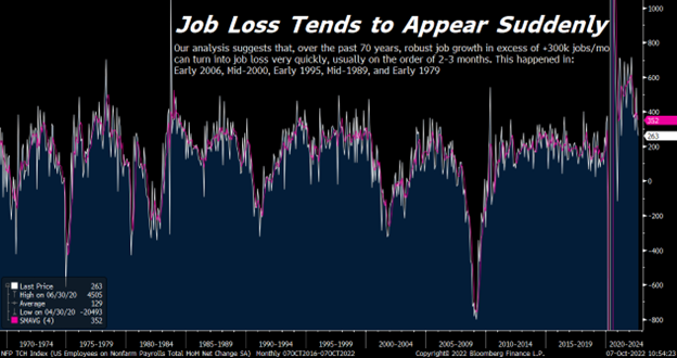 A graph following the change in job growth over time, highlighting rapid declines