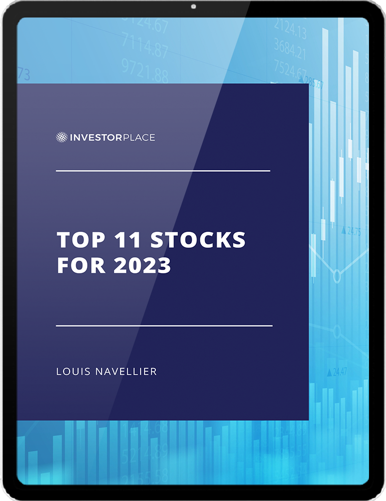 Louis Navellier's report, "Top 11 Stocks For 2023" surrounded by a black border