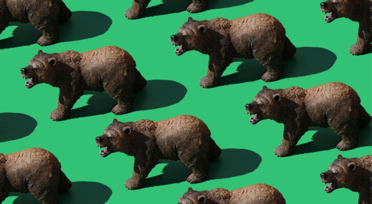multiple toy bear figurines on green background, symbolizing bearishness and bear markets
