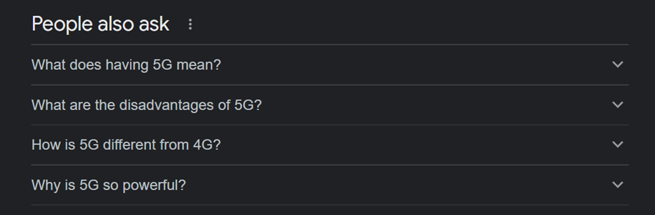 A screenshot showing the four most popular questions people ask about 5G, according to Google