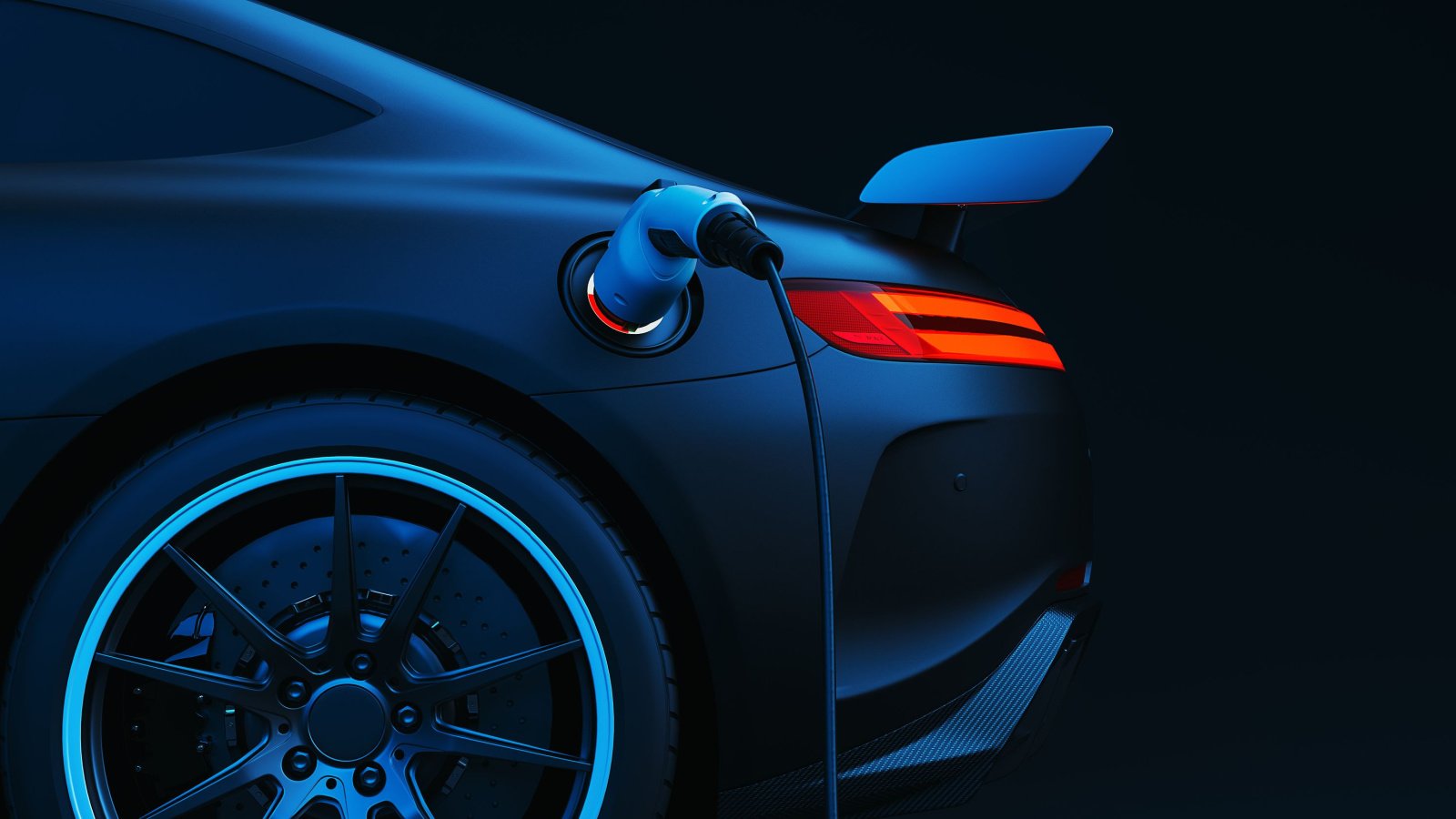 暗い黒の背景で充電している青い電気自動車 (EV) のイラスト