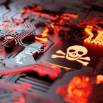 Graphic of skull on computer hardware with red glow beneath hardware. Tech stocks to sell