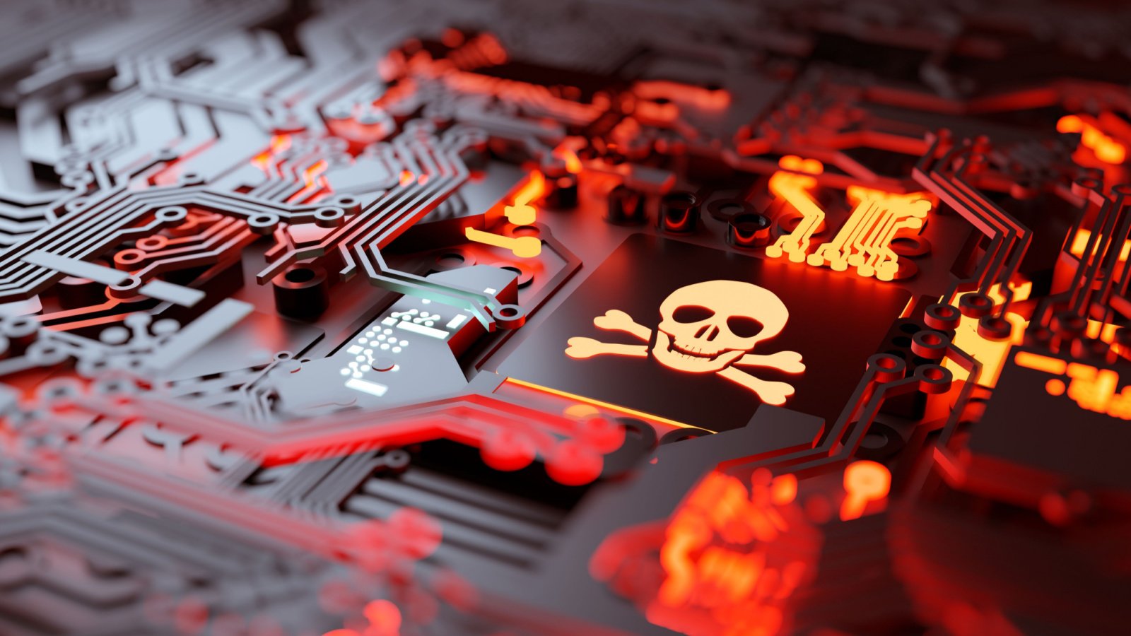 Graphic of skull on computer hardware with red glow beneath hardware