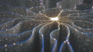 Artificial neuron in concept of artificial intelligence; an image of a wall-shaped binary codes make transmission lines of pulses