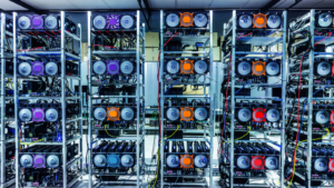 A site for withdrawing Bitcoin and cryptocurrencies. Large data center. High-tech server computers in action. Bitfarms (BITF) is in the cryptocurrency mining business.