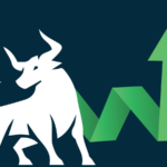 An image of a bull next to a green arrow pointing upward to indicate a bullish stock boom, bull market