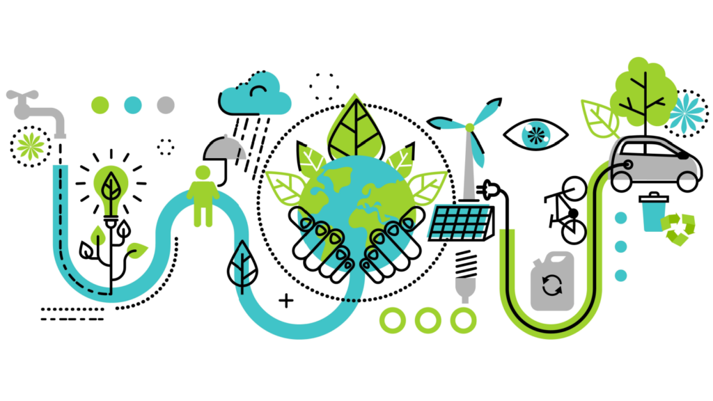 An illustration of various clean energy symbols; a faucet with water flowing to the earth, a windmill and solar panel with a plug leading to an electric car