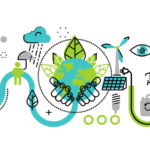 An illustration of various clean energy symbols; a faucet with water flowing to the earth, a windmill and solar panel with a plug leading to an electric car. clean energy stocks