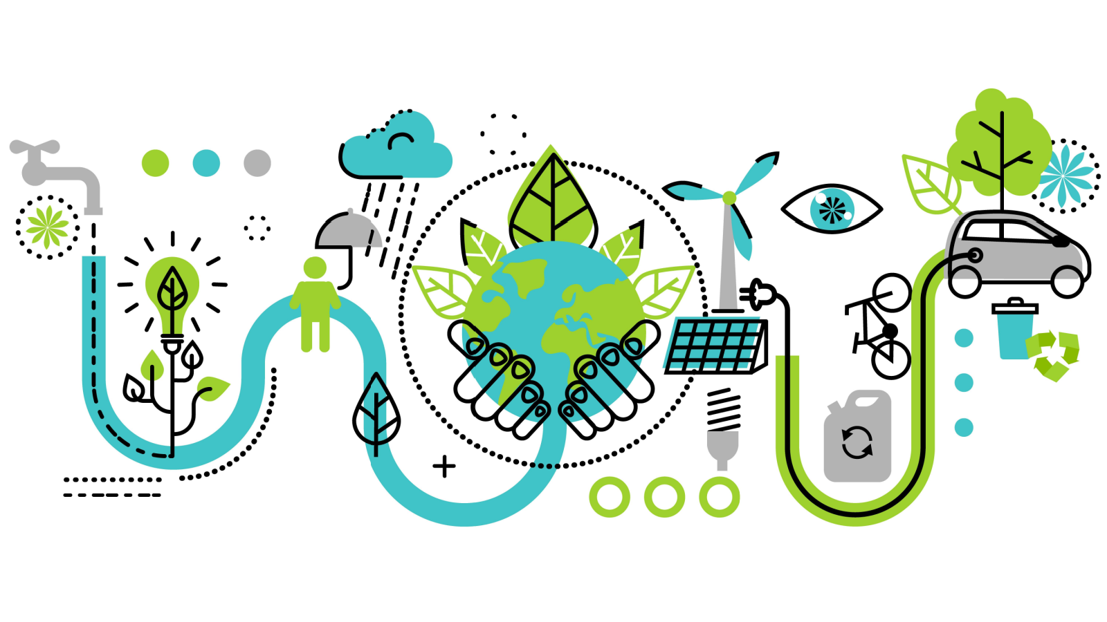 An illustration of various clean energy symbols; a faucet with water flowing to the earth, a windmill and solar panel with a plug leading to an electric car. clean energy stocks